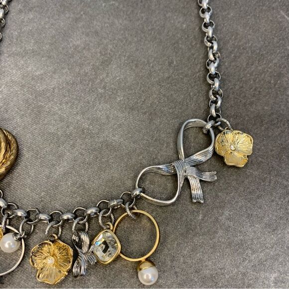 GOLD and silver tone charm necklace bow ring flower pearl - Picture 6 of 11